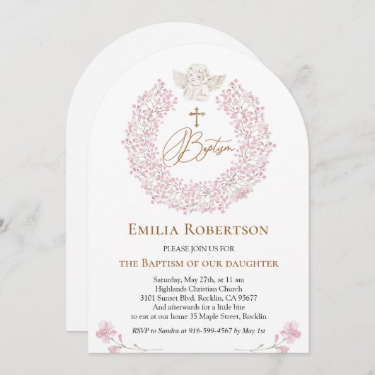 フローラピンクベビーエンジェルクロスバプテスマ 招待状 (正面/裏面)