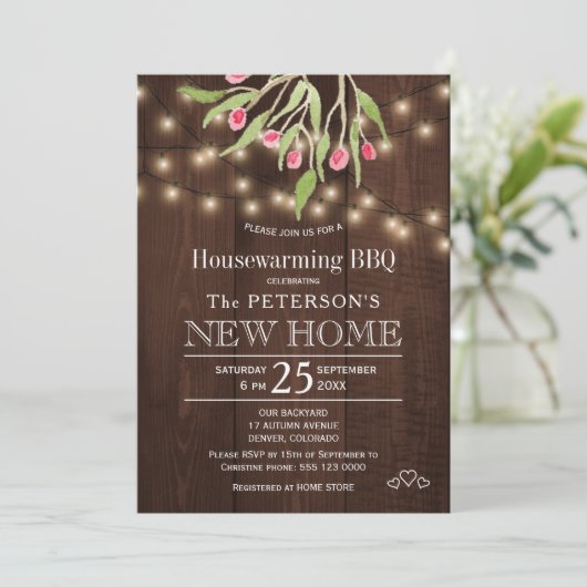 フローラピンクベリー素朴なライト引っ越し祝いパーティーbbq 招待状 (スタンド正面)