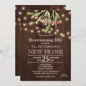 フローラピンクベリー素朴なライト引っ越し祝いパーティーbbq 招待状 (正面/裏面)