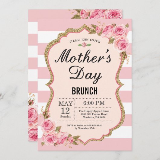 フローラピンクペニーズマザーズデイブランチ招待状 招待状 (正面/裏面)
