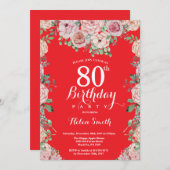 フローラピンクペニーズ80th誕生日レッド 招待状 (正面/裏面)