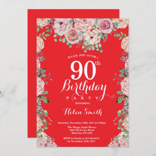 フローラピンクペニーズ90th誕生日レッド招待状 招待状 (正面/裏面)