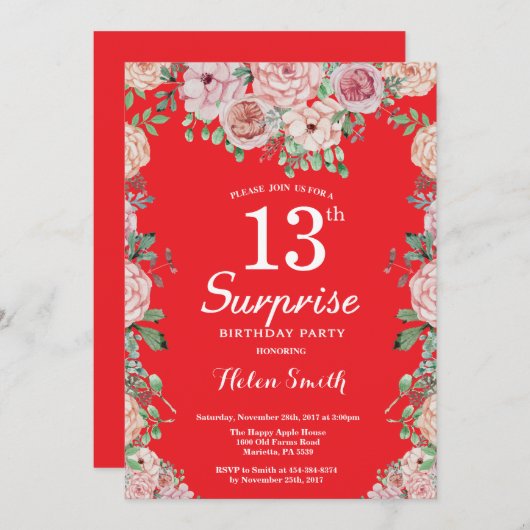 フローラピンクペニー13thサプライズ誕生日レッド 招待状 (正面/裏面)