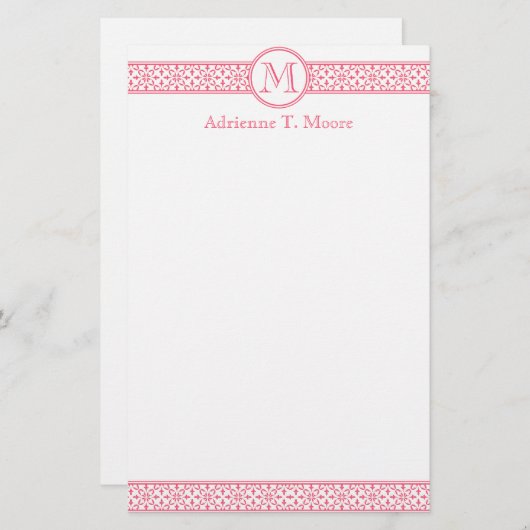 フローラピンクホワイトモノグラムイニシャル文房具 便箋 (正面/裏面)