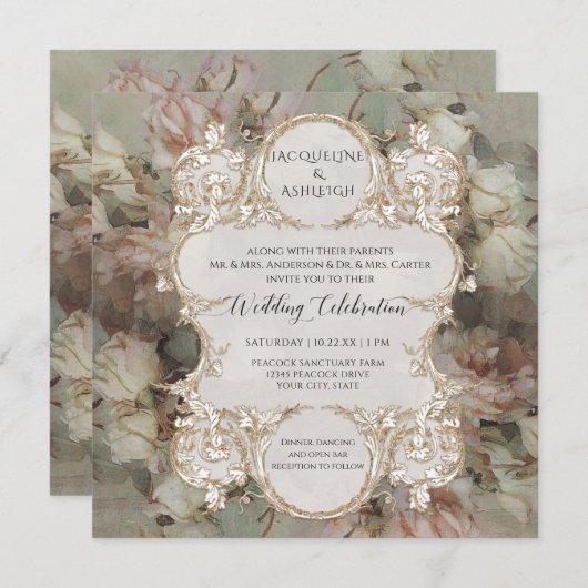 フローラピンクホワイトローズ金ゴールドギルドヴィンテージスクリプト 招待状 (正面/裏面)