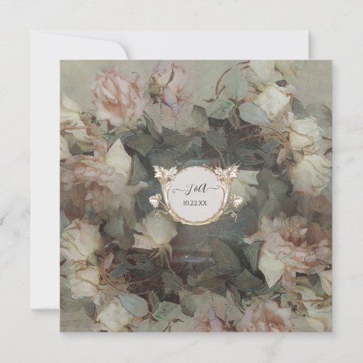 フローラピンクホワイトローズ金ゴールドギルドヴィンテージスクリプト 招待状 (裏面)