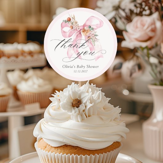 フローラピンクボウエレガントベイビーシャワーありがとう ラウンドシール