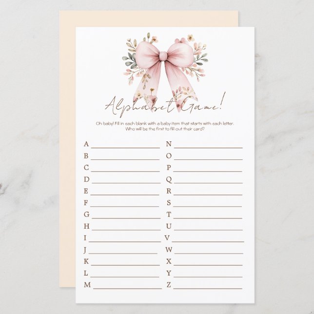 フローラピンクボウガールベビーシャワーアルファベット (正面/裏面)