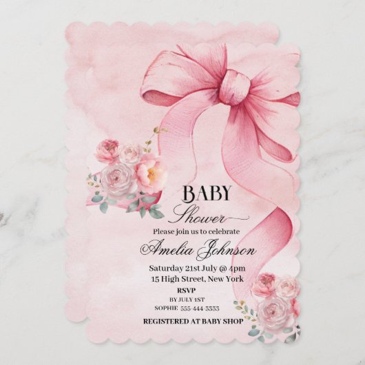 フローラピンクボウガールベビーシャワー 招待状 (正面/裏面)