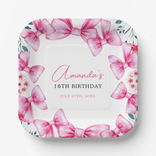 フローラピンクボウコケットスイーツ16誕生日 ペーパープレート (正面)