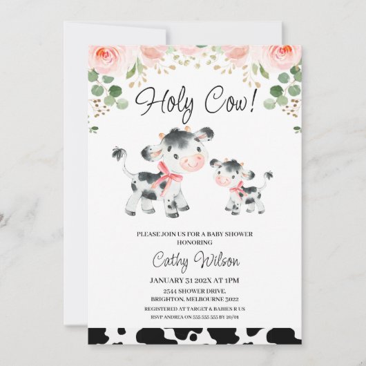 フローラピンクボウズ聖い牛の赤ちゃんシャワー 招待状 (正面)