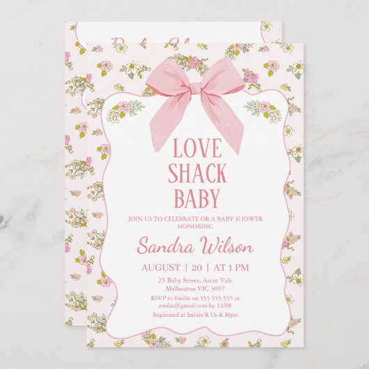フローラピンクボウラブシャックベビーベビーシャワー 招待状 (正面/裏面)