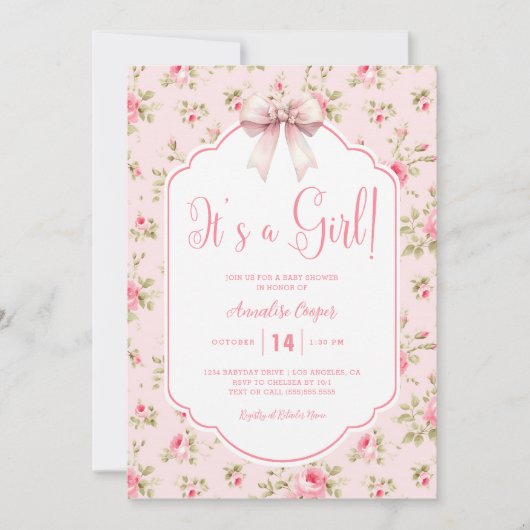 フローラピンクボウ女の子の赤ちゃんシャワー 招待状 (正面)
