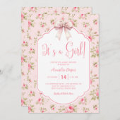 フローラピンクボウ女の子の赤ちゃんシャワー 招待状 (正面/裏面)
