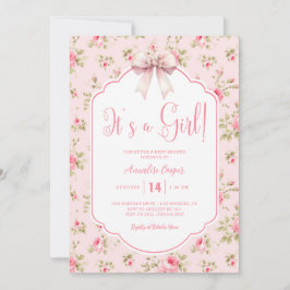 フローラピンクボウ女の子の赤ちゃんシャワー 招待状
