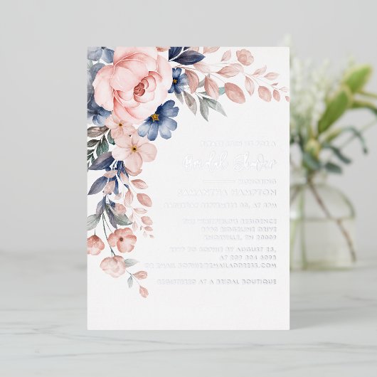 フローラピンクボタニカルブライダルシャワーシルバー 箔招待状 (立ち正面)