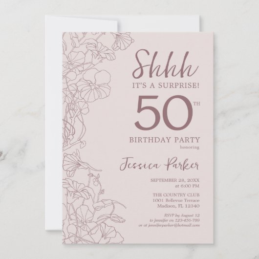 フローラピンクマウブサプライズ50誕生日 招待状 (正面)