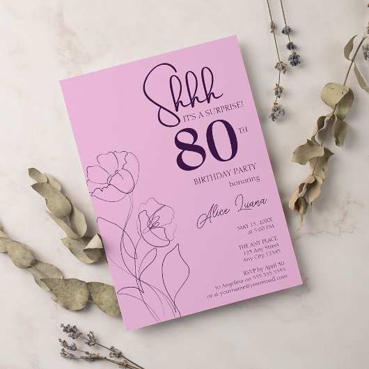 フローラピンクマウブサプライズ80誕生日 招待状