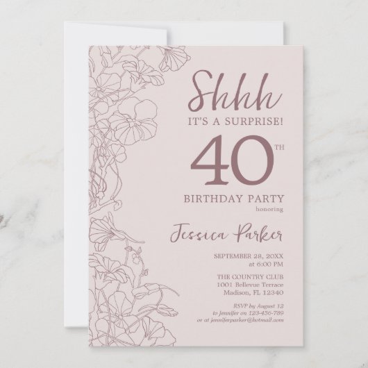 フローラピンクマウベサプライズ40th誕生日 招待状 (正面)