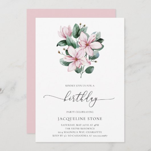 フローラピンクマグノリアユーカリプトゥス大人誕生日 招待状 (正面/裏面)