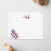 フローラピンクマゼンタティール(緑がかった色)ブルーバラ牡丹モノグラム ノートカード (正面/裏面インサイチュ)