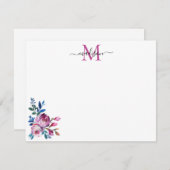 フローラピンクマゼンタティール(緑がかった色)ブルーバラ牡丹モノグラム ノートカード (正面/裏面)