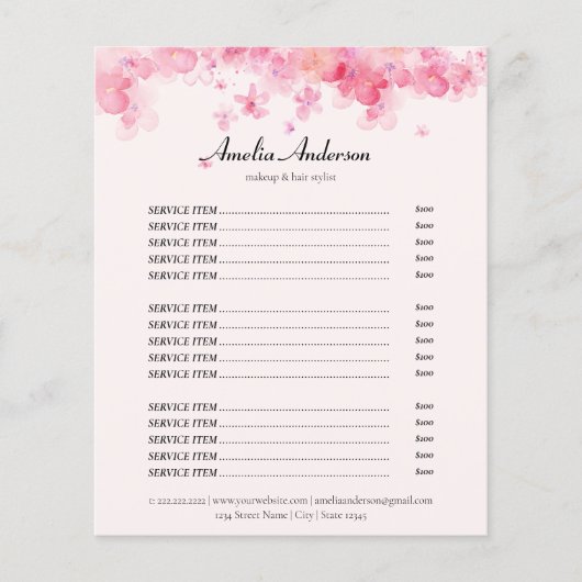 フローラピンクメイクアップ美容師サービス価格表 (正面)