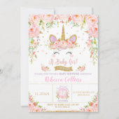 フローラピンクユニコーンベビーシャワー招待状ガール 招待状 (正面)