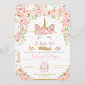 フローラピンクユニコーンベビーシャワー招待状ガール 招待状 (正面/裏面)