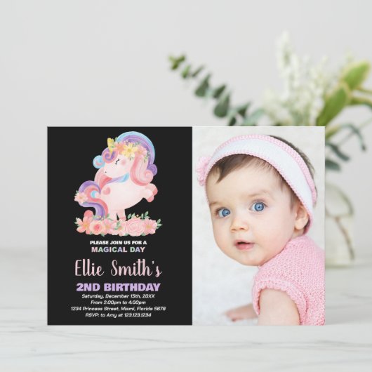 フローラピンクユニコーン誕生日招待状w写真 招待状 (スタンド正面)