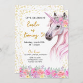フローラピンクユニコーン誕生日 招待状 (正面/裏面)