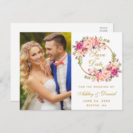 フローラピンクリース金ゴールド日付写真の保存 ポストカード (正面/裏面)