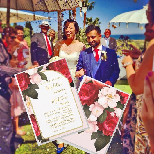 フローラピンクレッド金ゴールドエレガントな結婚式 招待状