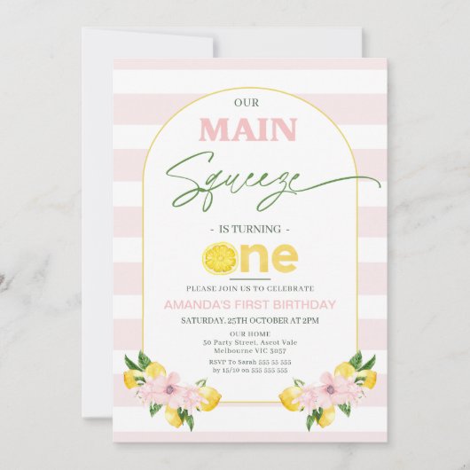 フローラピンクレモンメインスクイーズ1st誕生日 招待状 (正面)
