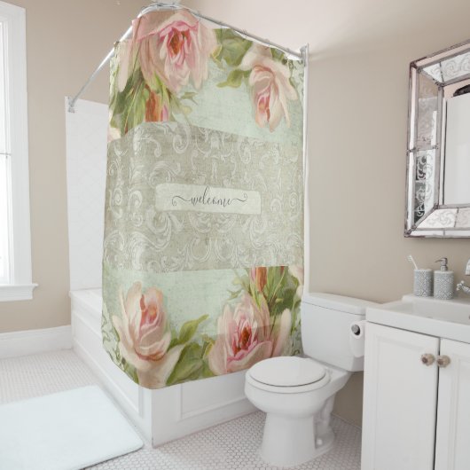 フローラピンクロセスダマスクヴィンテージウェルモダンカム シャワーカーテン (インサイチュ)