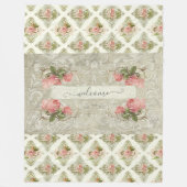 フローラピンクロセスダマスクヴィンテージウェルモダンカム フリースブランケット (正面)