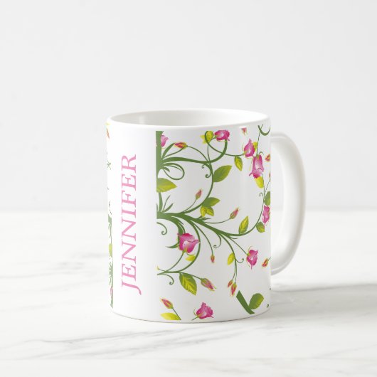 フローラピンクローズつる植物ネイビエレガントー コーヒーマグカップ (正面右)