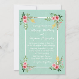 フローラピンクローズウォーターカラーミントグリーン結婚ズ 招待状