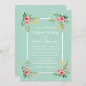 フローラピンクローズウォーターカラーミントグリーン結婚ズ 招待状 (正面/裏面)