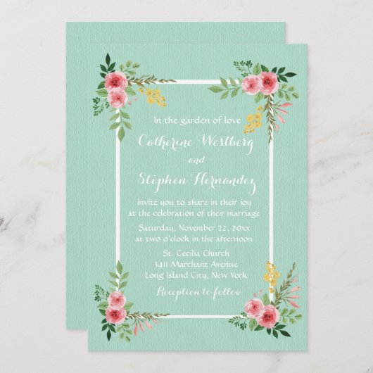 フローラピンクローズウォーターカラーミントグリーン結婚ズ 招待状 (正面/裏面)