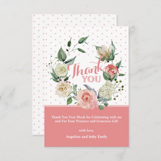 フローラピンクローズガールベビーシャワー誕生日 サンキューカード (正面/裏面)