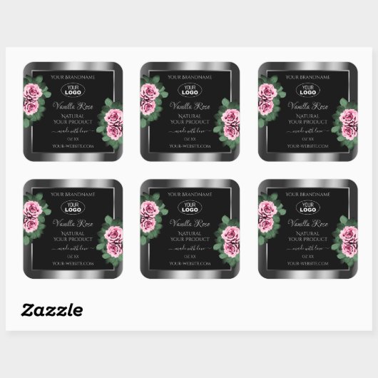 フローラピンクローズシルバーブラック製品ラベルのロゴ スクエアシール (シート)