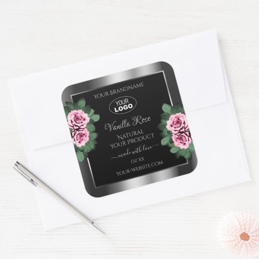 フローラピンクローズシルバーブラック製品ラベルのロゴ スクエアシール (封筒)