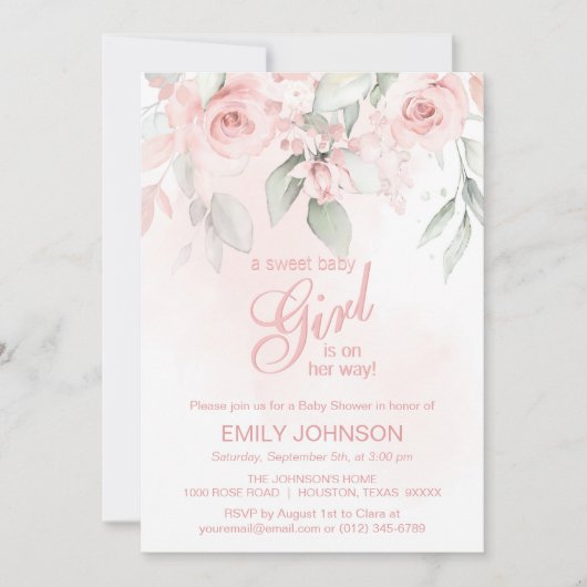 フローラピンクローズスイートベビーガールベビーシャワー 招待状 (正面)