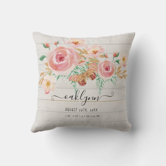 フローラピンクローズベビーガール誕生統計ホワイトウッド クッション (裏面)