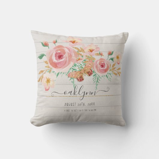 フローラピンクローズベビーガール誕生統計ホワイトウッド クッション (正面)