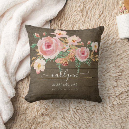 フローラピンクローズベビーガール誕生統計素朴ウッド クッション (ブランケット)