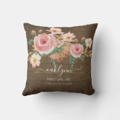 フローラピンクローズベビーガール誕生統計素朴ウッド クッション (裏面)