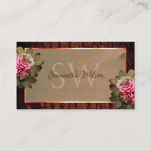 フローラピンクローズ素朴ウッドツリーバークイニシャル 名刺 (正面)