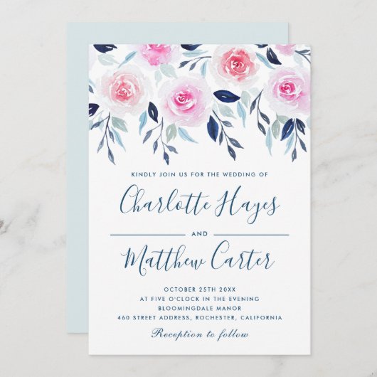 フローラピンクローズ葉ブルーズウォーター結婚カラー 招待状 (正面/裏面)